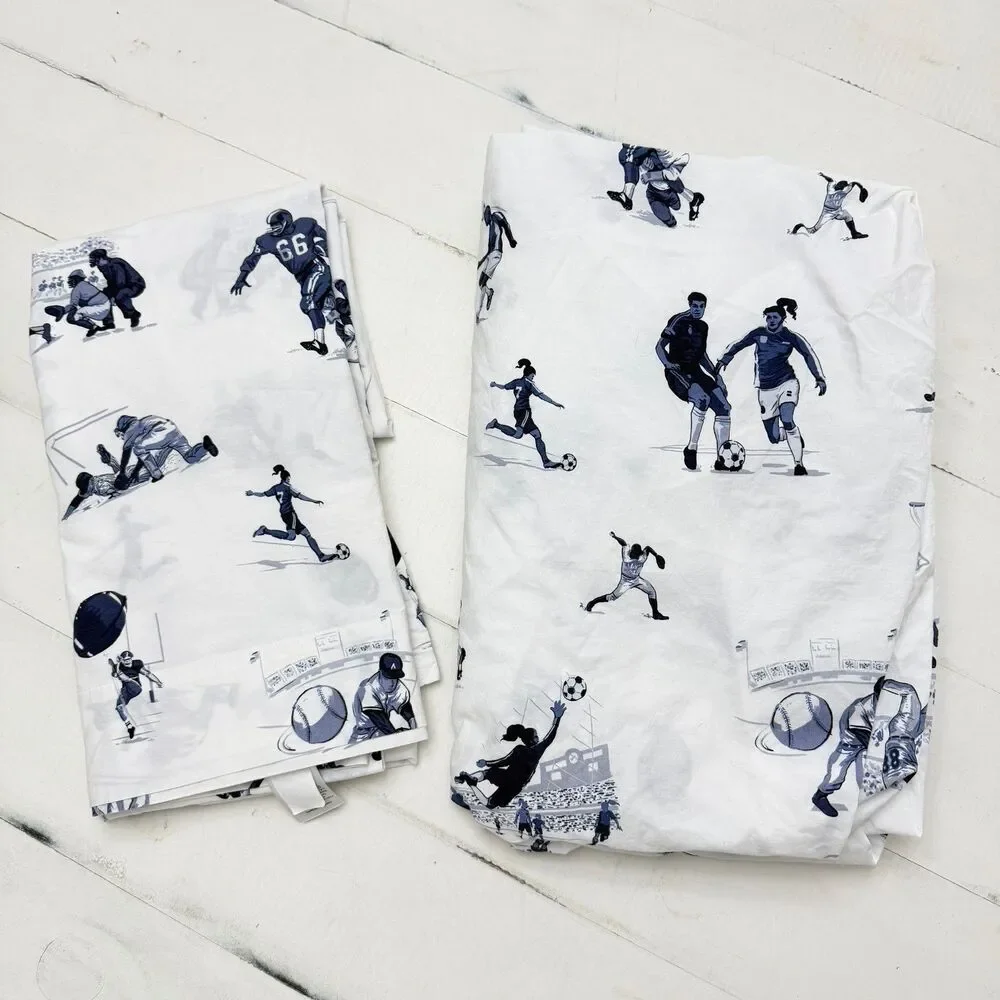 Pottery Barn Kids Organic All Sports Flat Fitted Sheets Twin Grey Blue Soccer